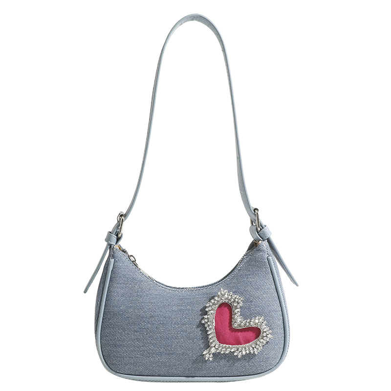 Lovely Crystal Heart Ladies Denim Shoulder Bag 